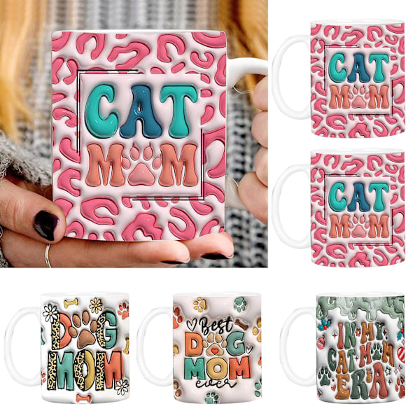 400ML Kissa Äiti Koira Äiti Joulumuki 3D litteä design taideprintti Iso kahva Eloisa väri Paksu kahvimuki