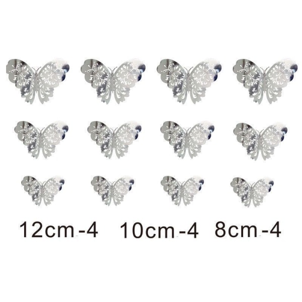 24st 3D Butterfly Väggdekor 3 storlekar Butterfly Väggdekor Rumsväggdekoration för sovrumsfest Bröllopsdekorationer Silver A