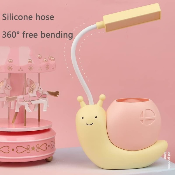 Sød Børnelampe med Penneholder, LED Skrivebordslampe til Børn, Snegleformet USB Opladbar Studentlampe til Øjenbeskyttelse Rosa