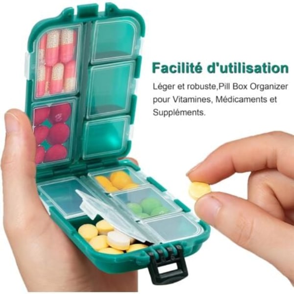 TS-Pillerask, Rese Medicinbox med 10 Fack, Mini Tablettask, Pillbox (Svart)