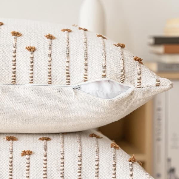 Pudebetræk, Tekstureret Bomuld-Polyester, Usynlig Lynlås, Bondegårdssofa Indretning, Beige Og Brun, 18x18 Tommer, Sæt Af 2