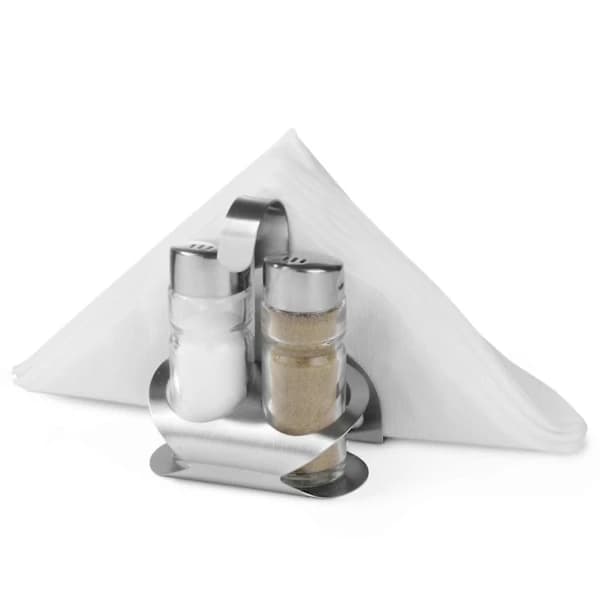 Krydderisæt med servietdispenser i rustfrit stål, salt- og peberstrøer - Hendi 465318