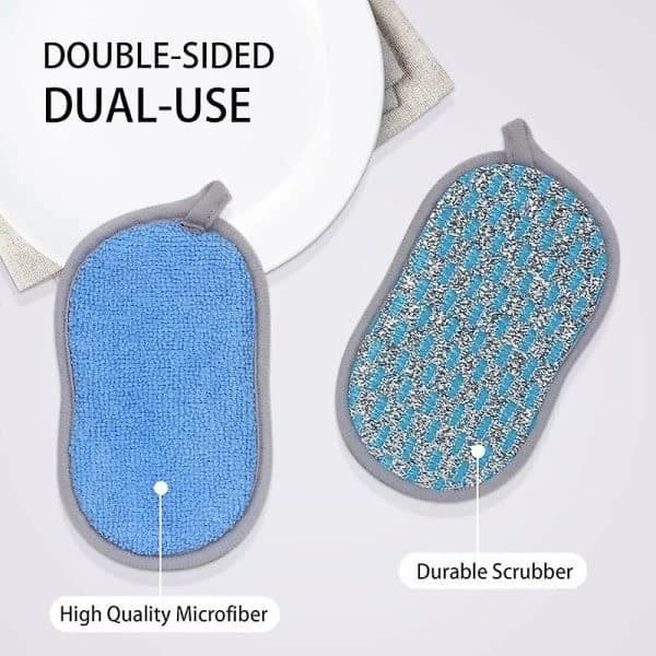 6-pack tvättbara och återanvändbara disktrasor, mikrofiber skrubbsvampar, disk- och kökssvampar dubbelsidig repborste, blå