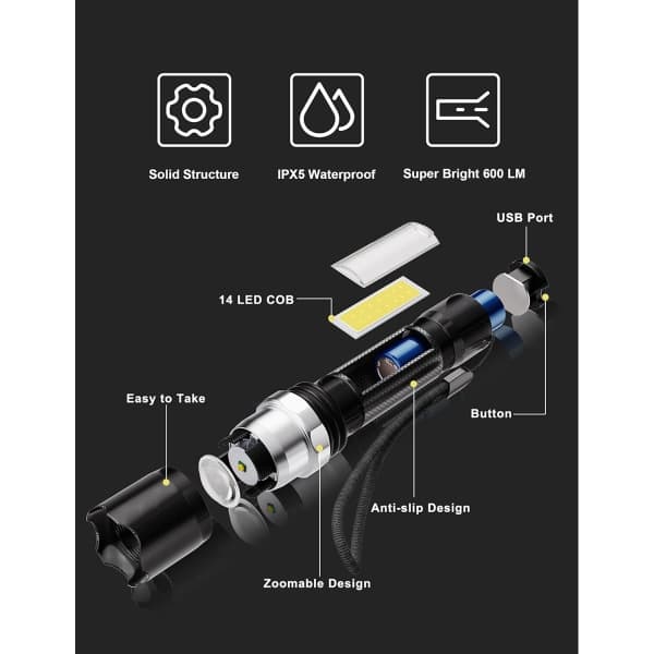 LED-taskulamppu, taskulamppu LED ladattava 600 LM, 3 tilaa USB-lataus minitaskulamppu vedenpitävä IPX5
