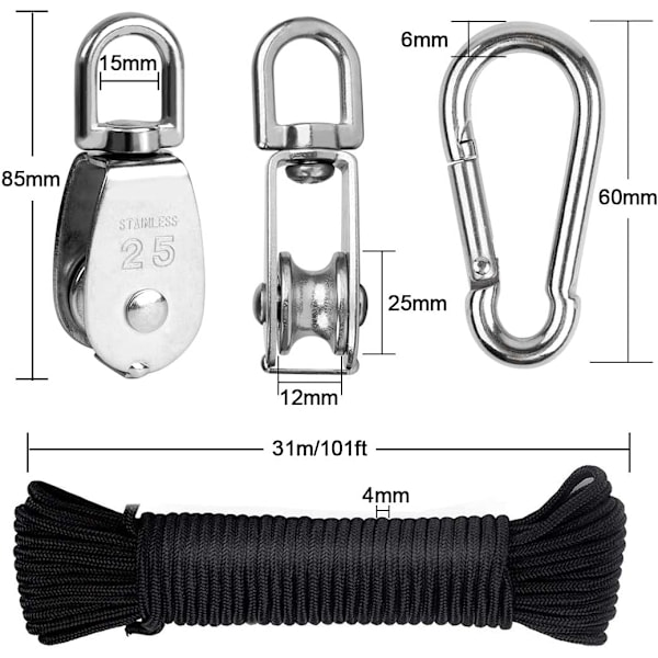 304 rustfritt stål trinse kit, M25 enkel trinse, løftetrinse, kabeltrinse, belastning 150 kg