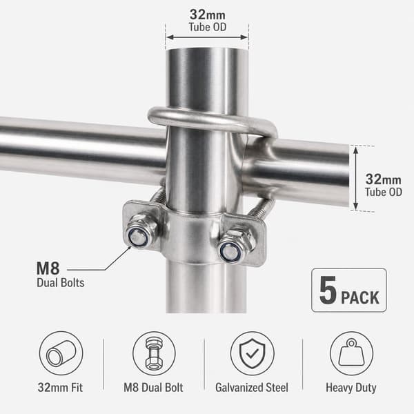 5-pack runda rörklämmor för 32 mm rör, M8, silver 32mm outer diameter round tube