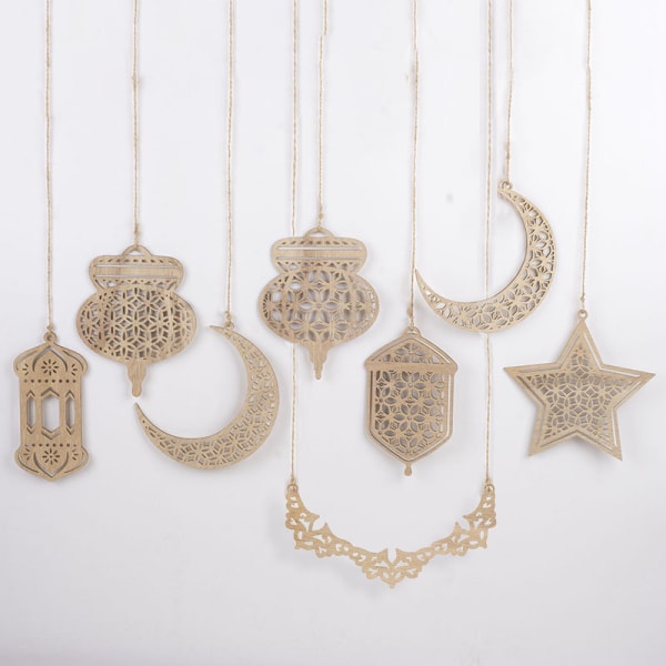 Prydnad med trähänge Ramadan Kareem - Eid-festdekorationer (8st, brun)