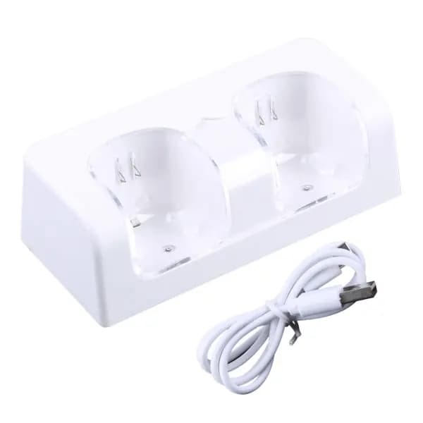 Fjernkontroll dobbel ladestasjon + 2 batterier for Wii Gamepad, lader med LED-lys hvit