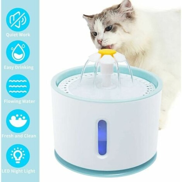 Automatisk og lydløs vandfontæne til kat og hund - Stor kapacitet på 2,4 L - Med LED-vindue til vandniveau