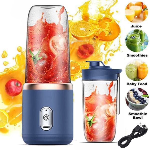 Bærbar blender, 6 kniver i rustfritt stål, USB oppladbar, for smoothies, juicer og reise, 400 ml, blå