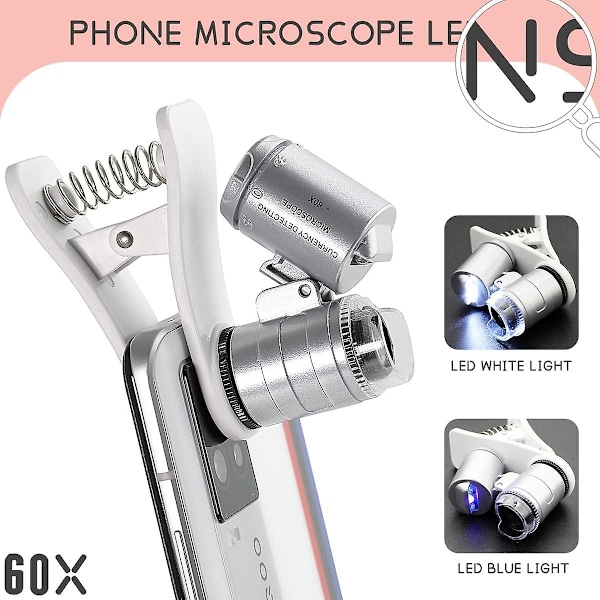 60x Clip-on Mikroskopforstørrelsesglas med LED-lys Smykkelup til iPhone, Samsung og flere mobiler (universel)