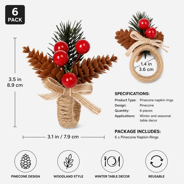 6-pack servettringar med kottar för vinterbordsdekoration Christmas Pine Cone C196