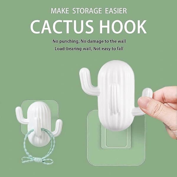 For 2024 Set of 2 Cute Self-Adhesive Cactus Shaped Hooks - Decorative Wall Hooks, Self-Adhesive Hair Rope Hooks, White, Fun and Functional