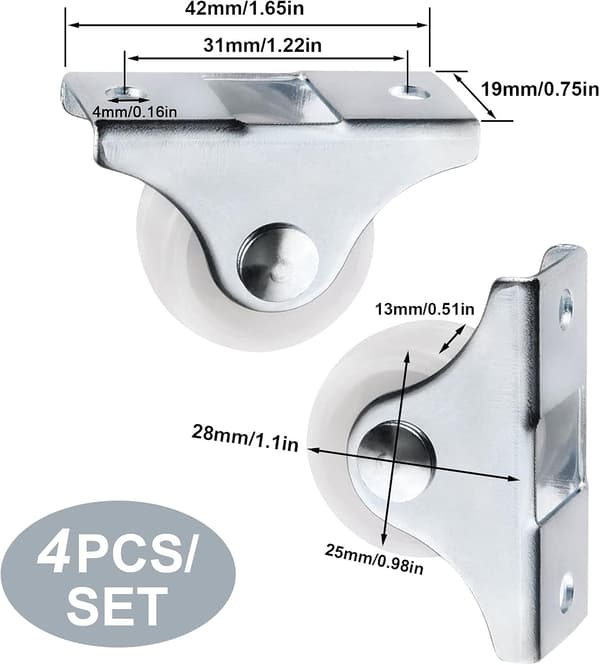 4 Fixed Wheels 25mm Plastic Furniture Replacement Wheels Directional Drawer Wheels