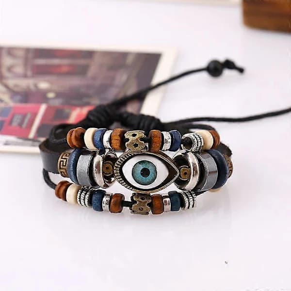 Boheme Gypsy Hippie Design Læderarmbånd Øje Multilags Justerbart Til Mænd Kvinder Mode Smykker BX118-Sort