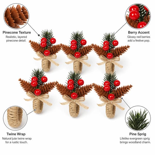 6-pack servettringar med kottar för vinterbordsdekoration Christmas Pine Cone C196