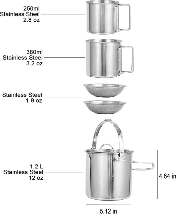 5-delt campingsæt, rustfrit stål 1,2L kedel, 2 kopper og 2 skåle, stabelbare foldehåndtag til vandreture og camping