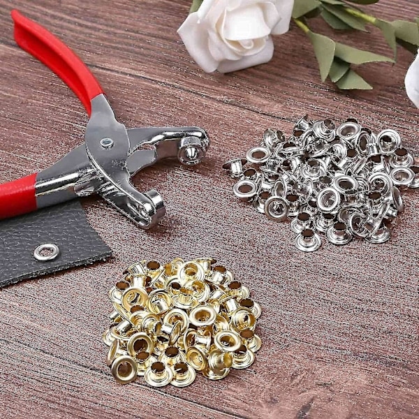 401-delars 1/4 tum 6 mm Öljettset med tång, Öljettverktygssats med 400 metallöljetter i guld och silver