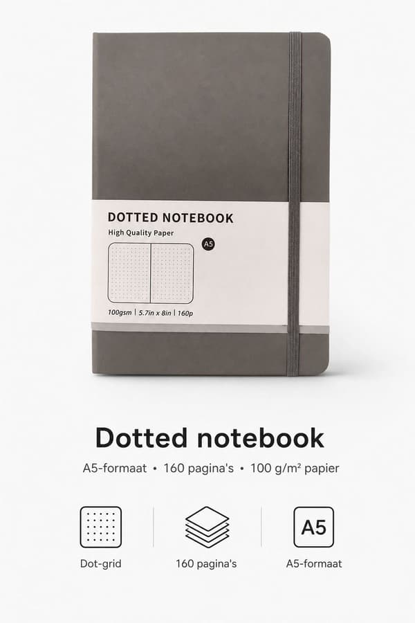 A5 prikket notesbog, indbundet journal med 100 gsm papir og elastiklukning til arbejde, skole og bullet journaling, skumringsgrå