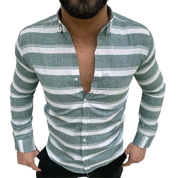 Herrrandiga linne långärmade skjortor Sommarlov Casual Button Up Slim Fit Toppar Blus Green 2XL