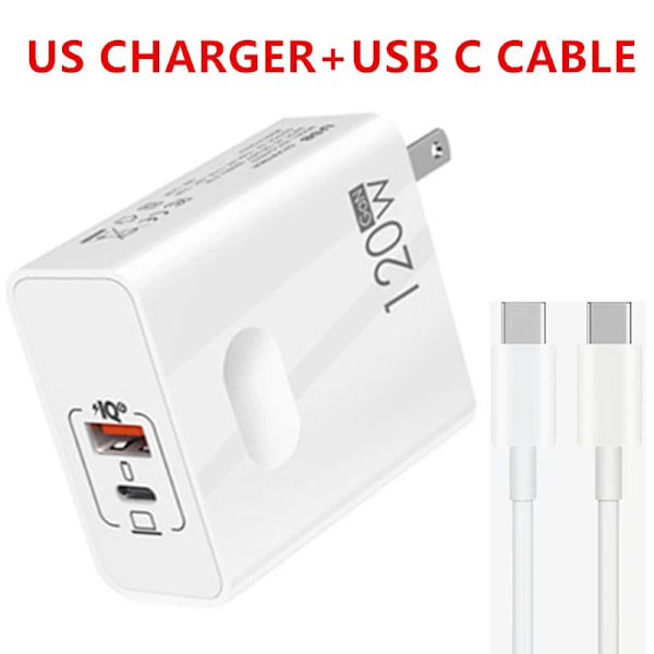 USB-C 120W GaN Super Rask PD-Lader for Bærbare, Tabletter, 15'' iPad, Macbook, Oppo, Samsung, Xiaomi USB Rask Lading Adapter EU Laderkabel