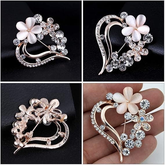 Hjerteformet (Guld) Blomsterbroche med Krystalrhinsten, Legering