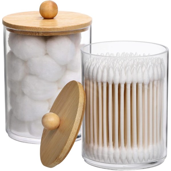 Plasthållare för bomullspinne, burkar för badrumsburkar för förvaring av bomullstuss, bambulock (transparent, 2 st)