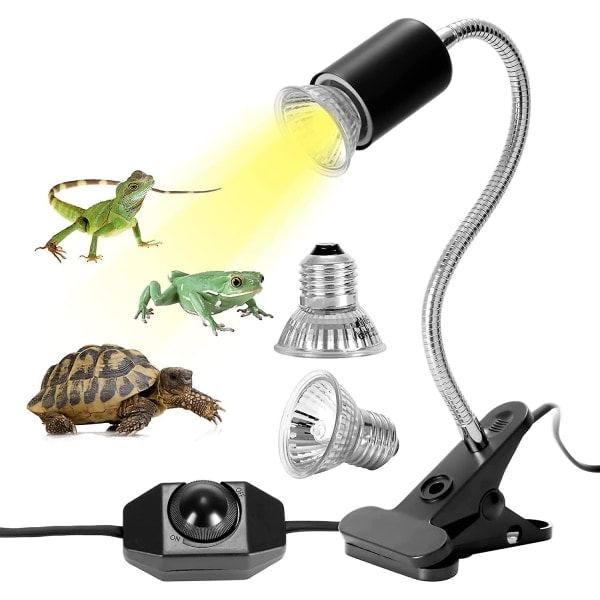 Reptilvarmelampe med 2 UVA UVB-pærer 25W 50W lang base Skildpaddelampe 360 graders rotation til skildpadder, reptiler, firben, slanger