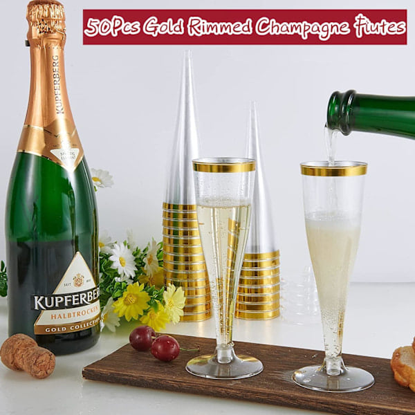 50 stk Champagneglas med guldkant 150ml, Genanvendelige Champagneglas med fod til havebryllup, dagsfester, babyshowers (5 x 17cm)