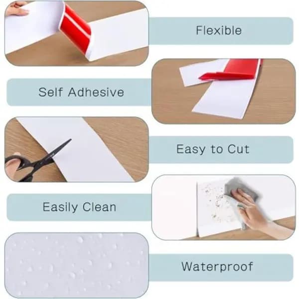 Flexible Self-Adhesive PVC Skirting Board for Kitchen and Bathroom 10cm x 3m White