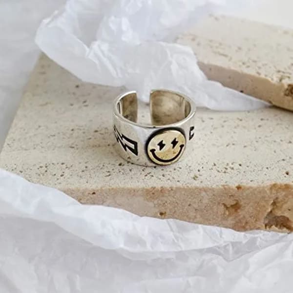 Ring med Smiley-ansikte Silver, Öppen Ring Justerbar Bredd, Smiley-ring