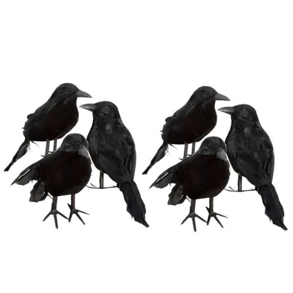 6 x Halloween Dekoration Ravn Kunstig Ravn Kråke Med Fjer Sort Fugl