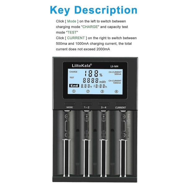Liitokala Lii-m4 4-plats batteriladdare med LCD-skärm för 18650 26650 14500 Aa Aaa litium Nimh-batteri Smart uppladdningsbar batteriladdare