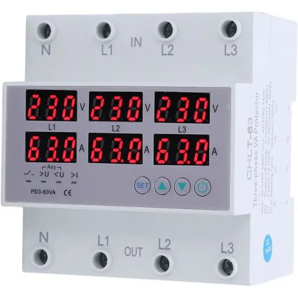 3-Phase DIN Rail Voltmeter Ammeter with Overcurrent and Overvoltage Protection AC 390 500V 63A