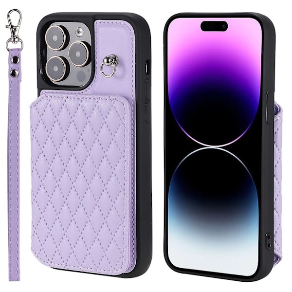 Telefonfodral för iPhone 15 Pro Max RFID-blockerande PU-läderbelagt TPU-skal med handledsrem Purple