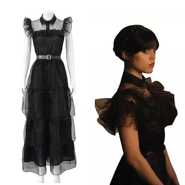 4-9 -vuotiaiden tyttöjen Wednesday Addams Cosplay -pukusetti Halloween-karnevaalijuhlapuku/peruukit