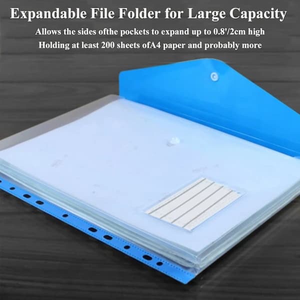 A4 Plastic Pockets with Holes, 12-Pack Expandable Poly Pockets A4, Plastic Pockets for Document Archiving, Waterproof, Office Supplies for School