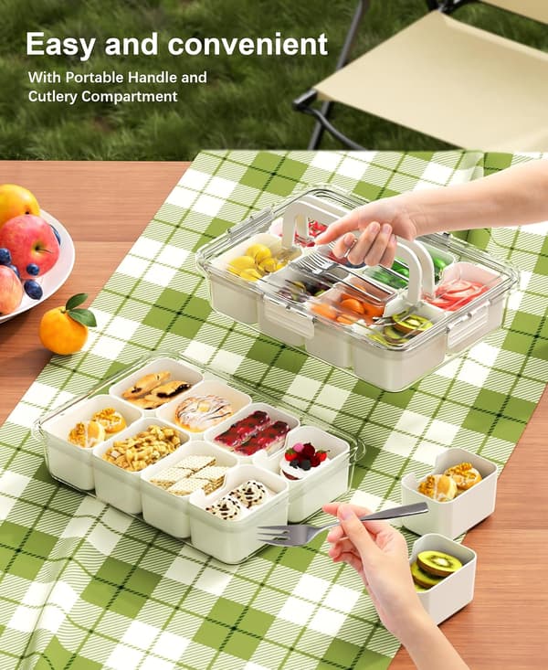 Divided Snack Tray with Lid and Handle, Portable Snack Box, Transparent Candy Storage Organizer