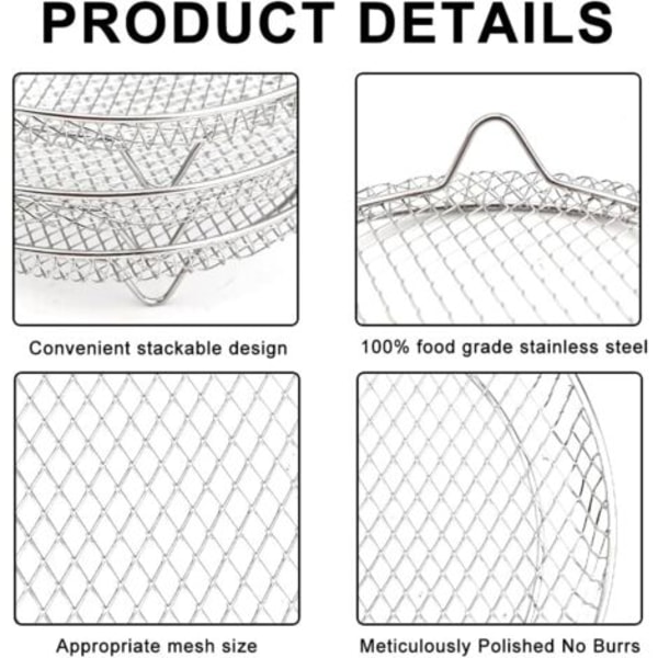 3 Deler Frityrstativ, Frityrkorg i Rustfritt Stål 3-Lags Stablebare Dehydreringsstativer for Air Fryer Baking og Steking (Rund)