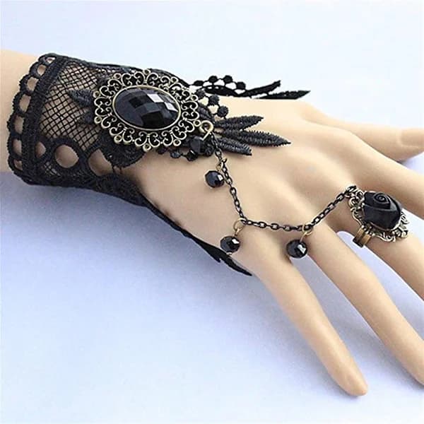 Gotisk Blomstret Blonde Steampunk Armbåndsring Perlebesatte Handsker