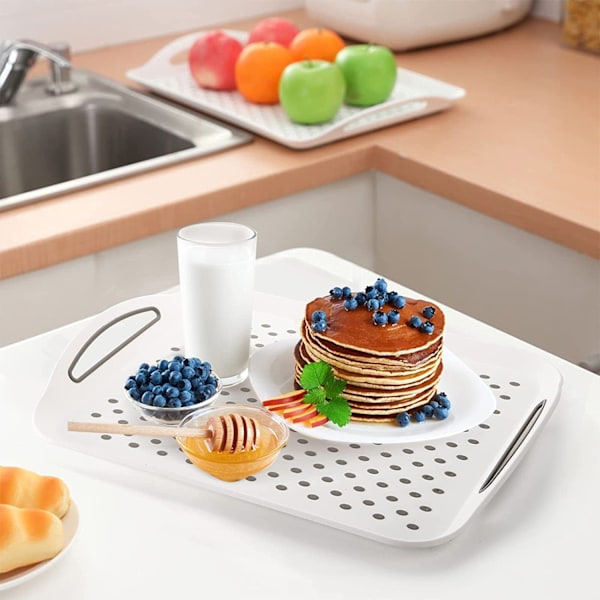 Sort + Hvid, Sæt med 2 Store Skridsikre Serveringsbakker - 32cm x 45cm x 4.5cm - Plastbakke - Madbakke - Tebakke - Middagsbakke