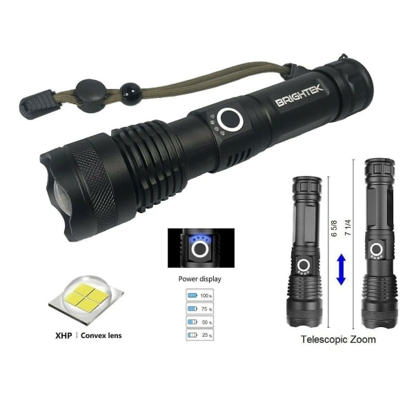 Superlysende 90000lm LED taktisk lommelygte med genopladeligt batteri, zoombar