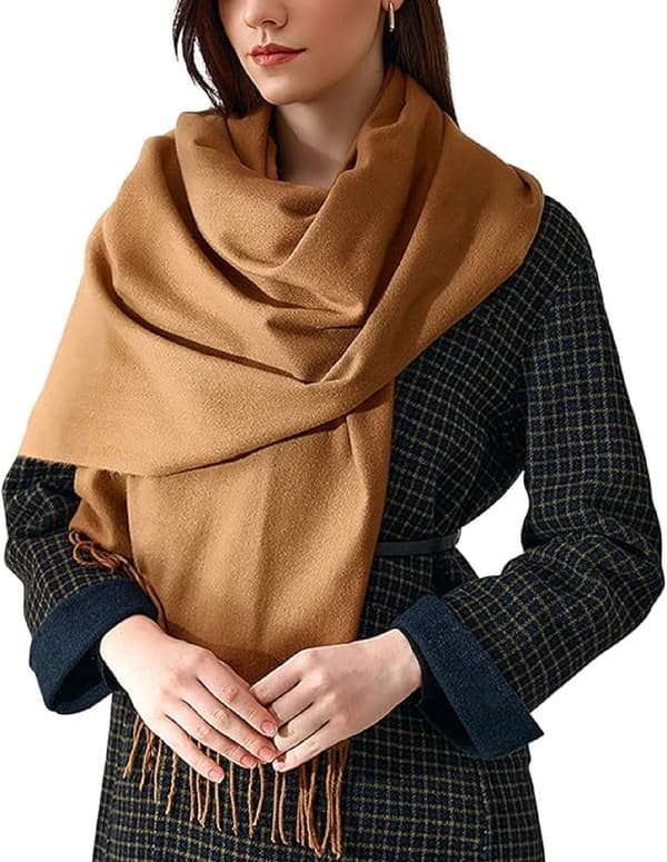 Damvävd halsduk, mjuk imitation kashmir polyester, lång bred fransad sjal för höst vinter, mörk kamel, 70 x 200 cm Light camel