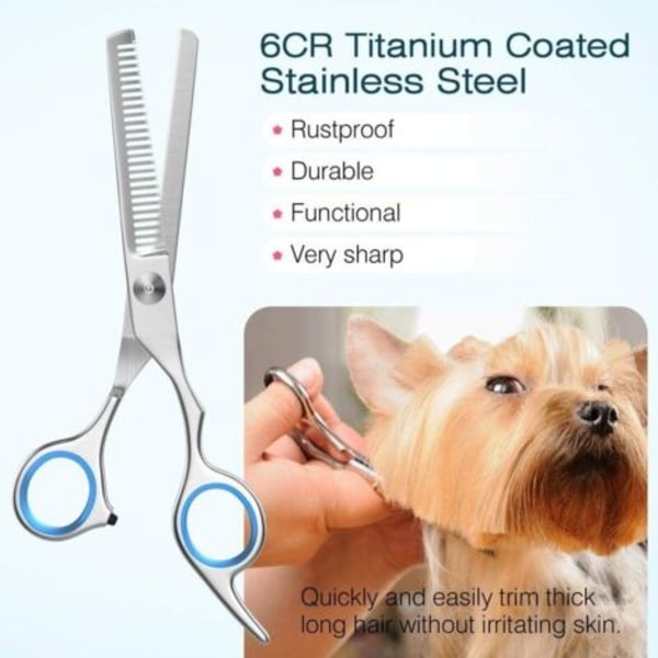 Hundtrimningssax, 5-delars titancoated rostfritt stål husdjurstrimningsset, urtunnings-/raka/böjda saxar och kam
