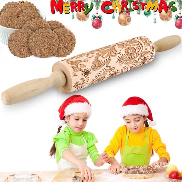 Christmas Rolling Pin, Christmas Embossed Rolling Pin, Christmas Reindeer Tree Pattern Solid Natural Wood Rolling Embossing Rolling Pins for