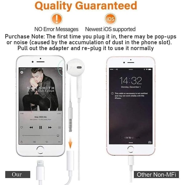 2-pak Apple Lightning til 3,5 mm hovedtelefonstik Adapterkontakt Aux Audio Hovedtelefoner/Hovedtelefondongle Stereokabel til Iphone 7/7 Plus/8/8 Plus/x/xs