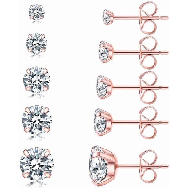 5 par øreringe, allergivenlige Cubic Zirconia 316L rustfrit stål CZ-øreringe 3-8 mm, rosaguld - Perfekt