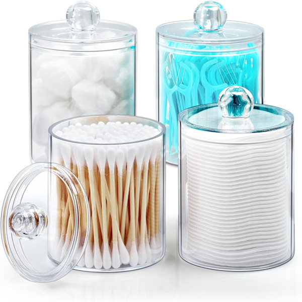 Bomullsbehållare Badrumskrukor med lock för bomullstussar Bomullsplatta Hållare (4-pack)