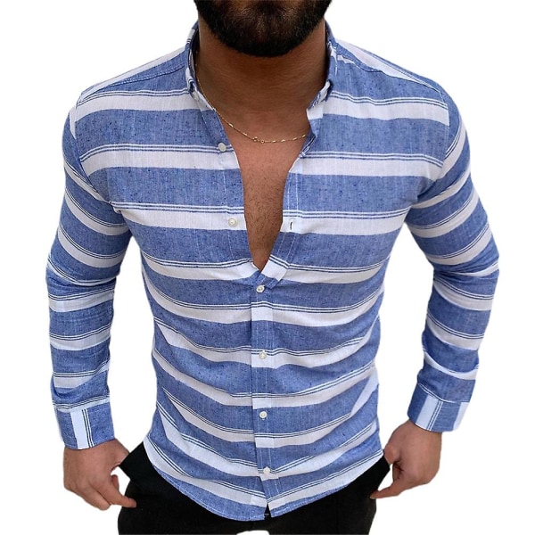 Herrrandiga linne långärmade skjortor Sommarlov Casual Button Up Slim Fit Toppar Blus Blue 2XL