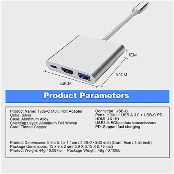 USB C - HDMI -moniporttisovitin 4K-videomuuntimella / USB 3.0 -keskitinportilla / PD-pikalatausportilla Macille ja USB Type-C -laitteille